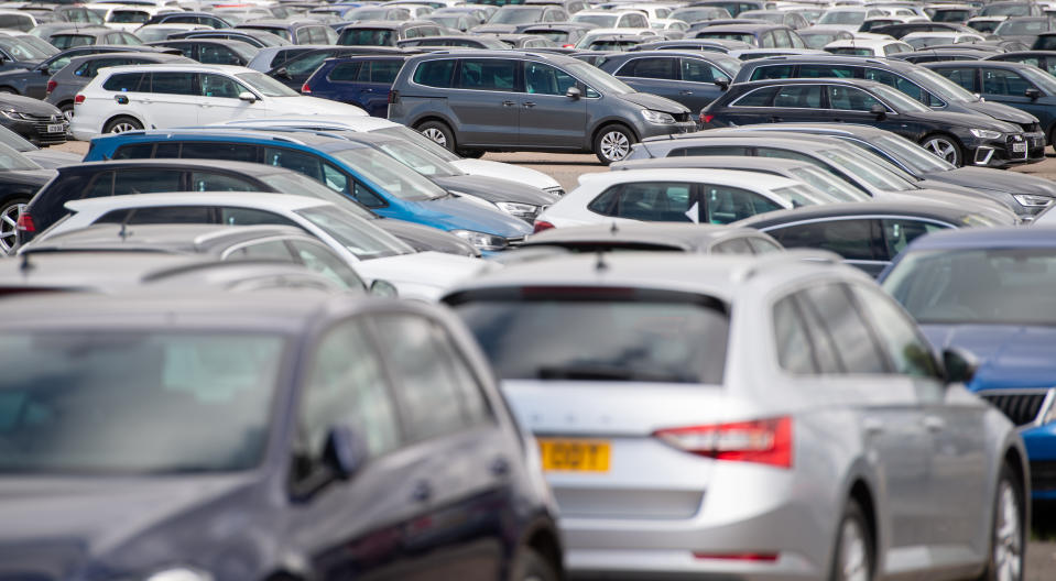 Thousands of used cars lined up at a site in Corby, Northamptonshire, waiting to be distributed to car dealerships around the UK.