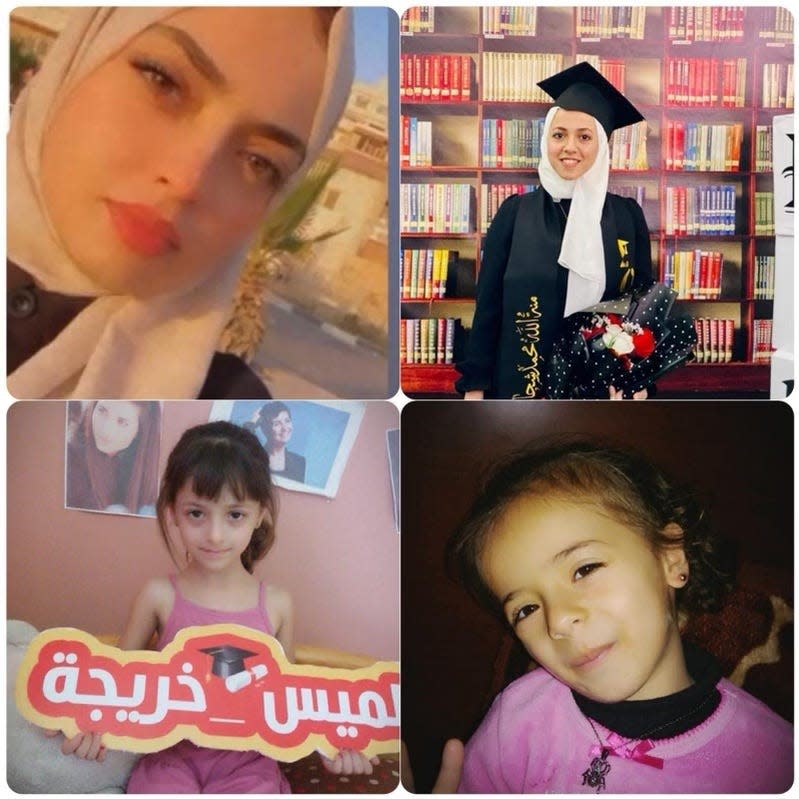 Emad Shehada, a Palestinian doctor in metro Detroit, said 20 of his family members have been killed by Israeli airstrikes that have bombarded Gaza since war broke out between Israel and Hamas on Oct. 7. His second cousins, Mayar Shehada (top left), Mennah Shehada (top right) were killed, along with two young children in the family: Mayan Shehada (bottom left) and Bana Shehada (bottom right).