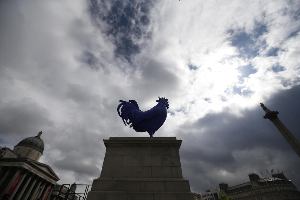 A giant blue rooster is unveiled in central London's Trafalgar Square, Thursday, July 25, 2013. A giant blue rooster was unveiled Thursday next to the somber military monuments in London's Trafalgar Square. German artist Katharina Fritsch’s 15-foot (4.7 meter) ultramarine bird, titled "Hahn/Cock," is intended as a playful counterpoint to the statues of martial heroes in the square. It is the latest in a series of artworks to adorn the vacant "Fourth Plinth" in the square that is home to Nelson's Column. (AP Photo/Lefteris Pitarakis)