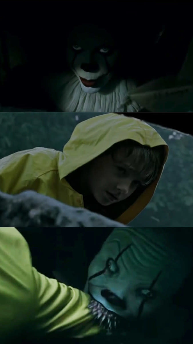<div><p>"When Pennywise chomps Georgie's arm off. Most of us trusted clowns as kids, maybe even enjoyed them! The rest of the movie I could handle, but little Georgie bleeding out? NOPE."</p><p>—<a href="https://www.buzzfeed.com/hiitsnicetomeetyou" rel="nofollow noopener" target="_blank" data-ylk="slk:hiitsnicetomeetyou;elm:context_link;itc:0;sec:content-canvas" class="link ">hiitsnicetomeetyou</a></p></div><span> Warner Bros.</span>