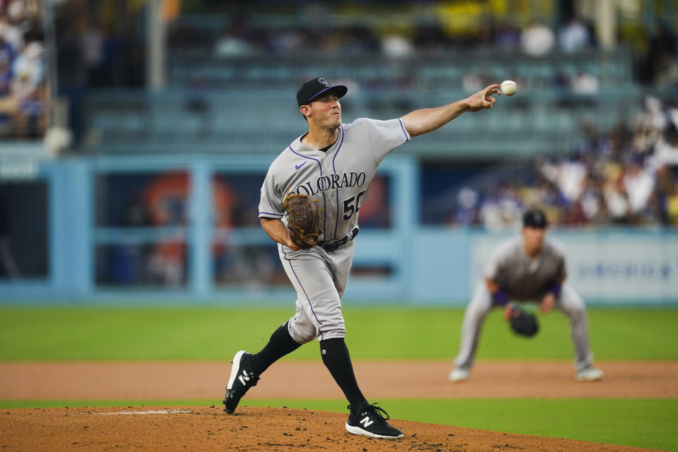 Colorado Rockies starting pitcher Ty Blach pitches during the first inning of a baseball game against the Los Angeles Dodgers, Thursday, Aug. 10, 2023, in Los Angeles. (AP Photo/Ryan Sun)