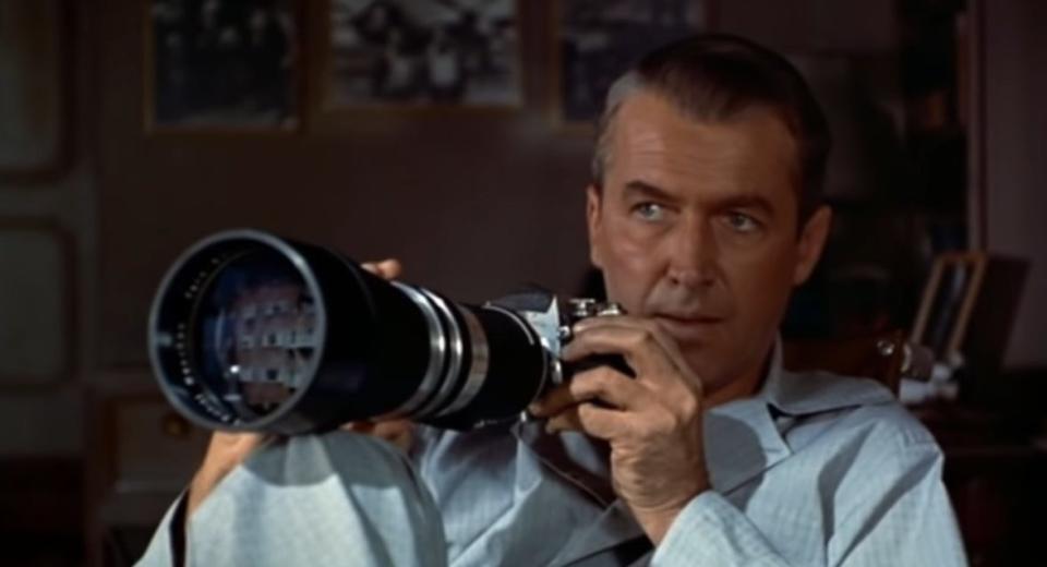 Jeffries holding his camera in "Rear Window"