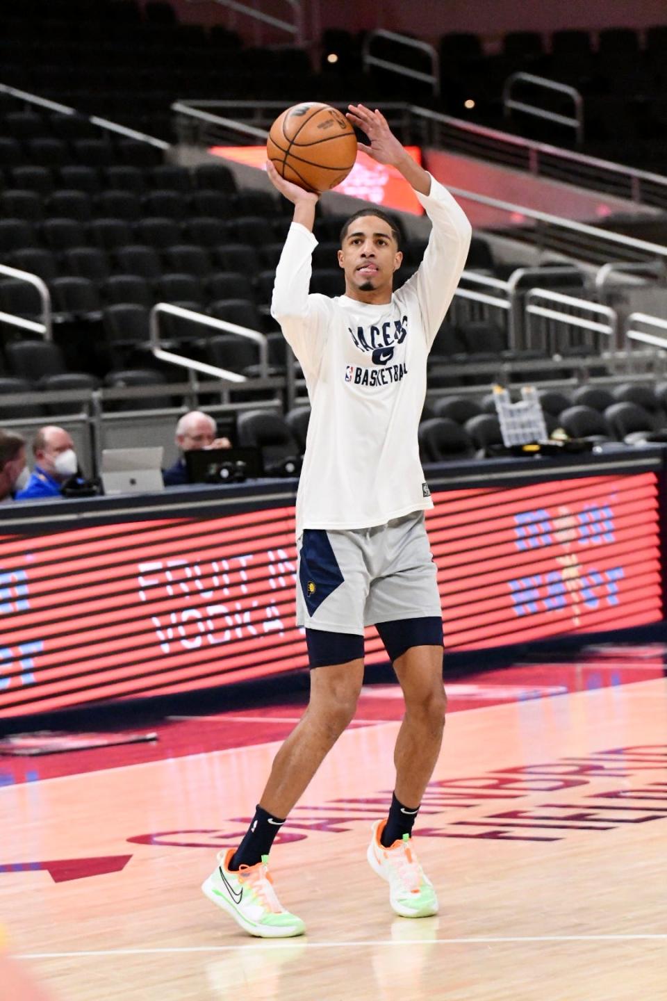 Indiana's Tyrese Haliburton shoots a 3 during warmups as the Pacers host the Wizards at Gainbridge Fieldhouse in Indianapolis on Feb. 16, 2022.