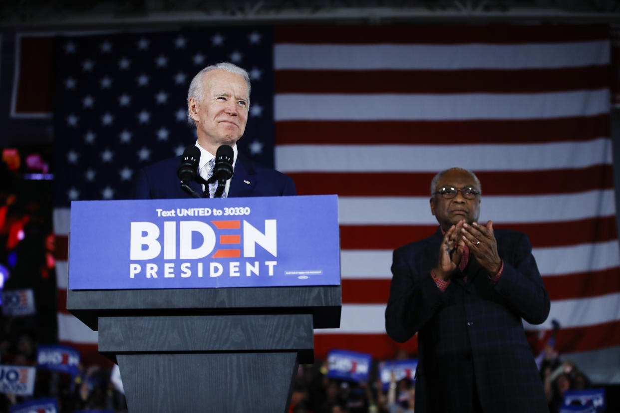 Democratic presidential candidate former Vice President Joe Biden, accompanied by South Carolina Rep. James Clyburn, speaks at a primary night election rally in Columbia, South Carolina, on Feb. 29, 2020.  (Photo: AP Photo/Matt Rourke)