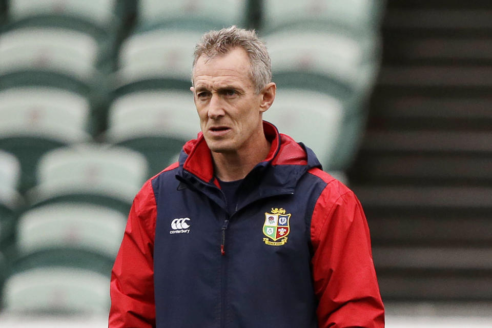 FILE - In this June 22, 2017, file photo, then British and Irish Lions assistant coach Rob Howley, left, attend a training session in Auckland, New Zealand. Wales assistant coach Howley has been sent home from the Rugby World Cup in Japan over a potential breach of betting rules.(AP Photo/Mark Baker, File)