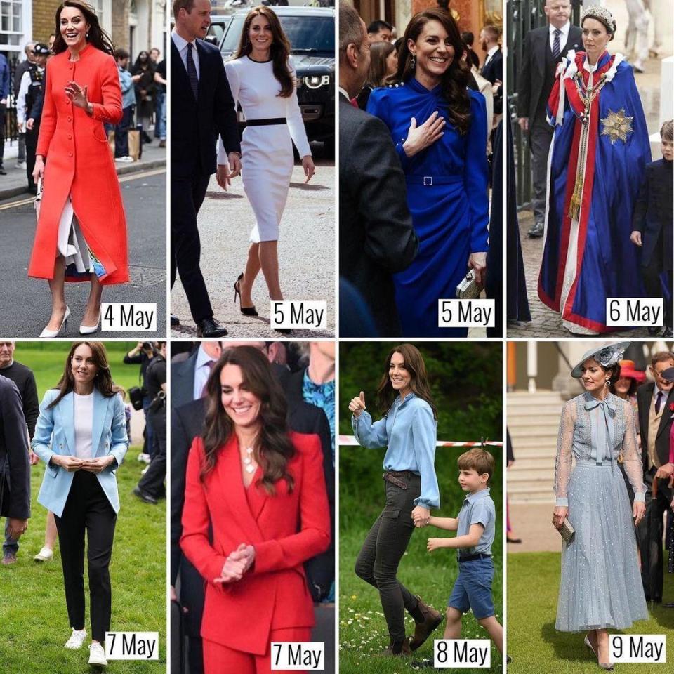 凱特王妃過去一週穿紅、藍、白服裝，以英國國旗顏色慶祝加冕典禮。（翻攝royalfashionpolice IG）
