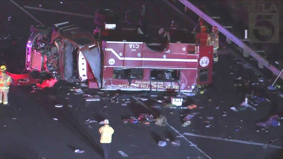 Several patients were flown to the hospital by helicopter after an Orange County Fire Department truck crashed on Freeway 241 on September 19, 2024. (KTLA)