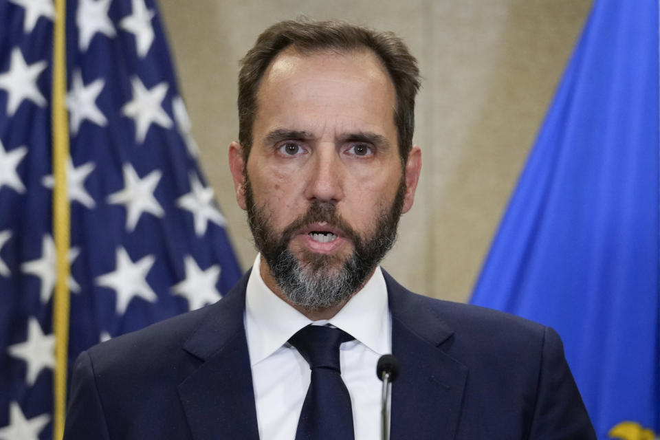 FILE - Special counsel Jack Smith speaks to the media about an indictment of former President Donald Trump, Aug. 1, 2023, at an office of the Department of Justice in Washington. Smith is asking the Supreme Court to take up and rule quickly on whether former President Donald Trump can be prosecuted on charges he plotted to overturn the 2020 election results. A federal judge ruled the case could go forward, but Trump signaled he would ask the federal appeals court in Washington to reverse that outcome. Smith is attempting to bypass the appeals court. (AP Photo/J. Scott Applewhite, File)