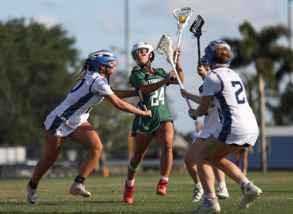 Martin County plays Jupiter in a high school girls lacrosse District 13-2A championship game Wednesday, April 17, 2024, in Stuart. Martin County won 16-14.