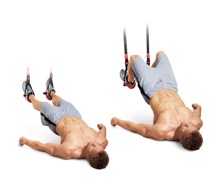 How to do it:<ol><li>Rest both feet in the foot cradles of a suspension trainer with legs straight.</li><li>Bridge your hips up so your body forms a straight line, then bend your knees, curling your heels toward your butt.</li></ol>Target areas:<ul><li>glutes</li><li>hamstrings</li><li>calves</li></ul>Pro tip:<p>The closer you place your hands to your sides, the more support you’ll get.</p>Variation:<p>There aren't many different variations of this move, however you may substitute a foam roller in place of a suspension tool.</p>