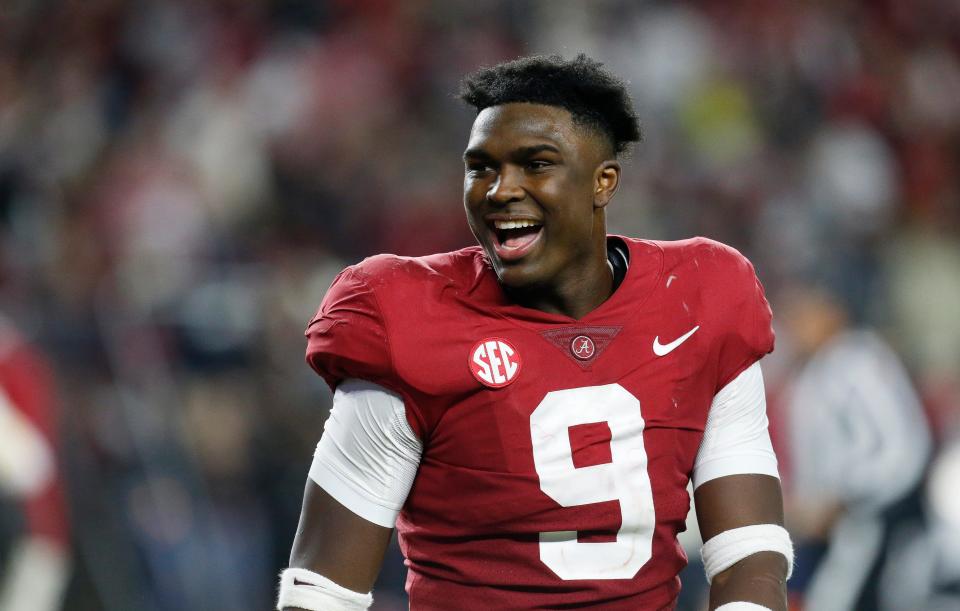 Nov 6, 2021; Tuscaloosa, Alabama, USA; Alabama defensive back Jordan Battle (9) celebrates after the win over LSU at Bryant-Denny Stadium. Alabama defeated LSU 20-14. Mandatory Credit: Gary Cosby Jr.-USA TODAY Sports