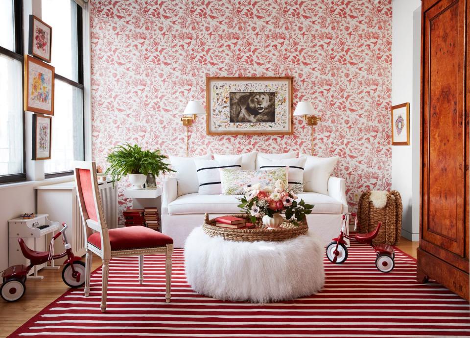 11) Red and White Boho Living Room