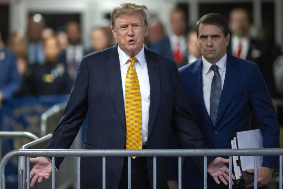 Former President Donald Trump speaks alongside his attorney Todd Blanche outside the courtroom in Manhattan Criminal Court, Tuesday, May 21, 2024, in New York. (Justin Lane/Pool Photo via AP)