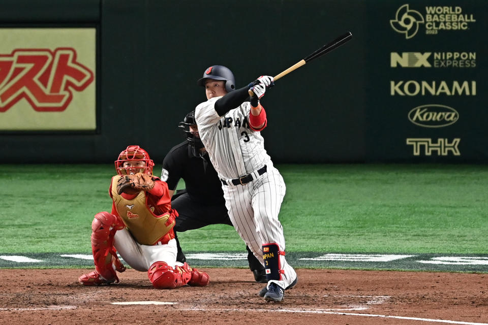 TOKYO, JAPAN - MARCH 09: Shugo Maki #3 of Japan hits a solo home run to make it 1-4 in the seventh inning during the World Baseball Classic Pool B game between China and Japan at Tokyo Dome on March 9, 2023 in Tokyo, Japan. (Photo by Kenta Harada/Getty Images)