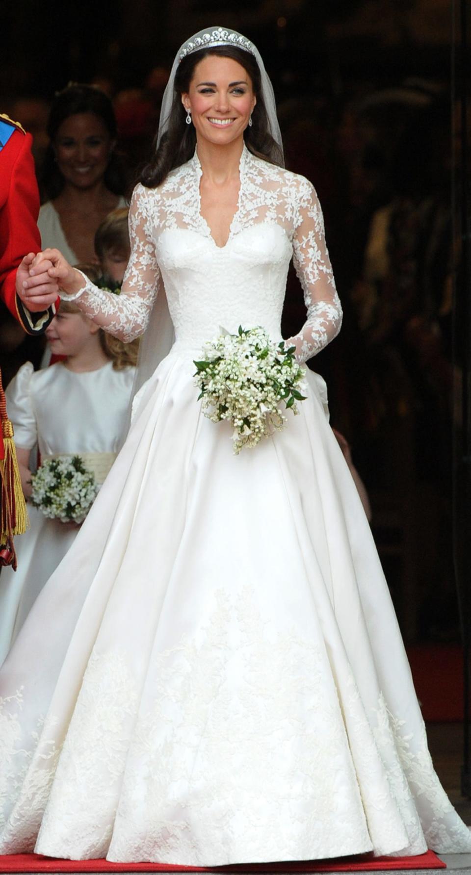 Kate Middleton in her wedding dress on her wedding day.