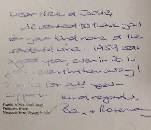The note that brought down Barry O'Farrell: The thank-you note to Nick Di Girolamo for a bottle of wine Mr O'Farrell could not recall receiving was tendered to ICAC on Wednesday. Photo: Supplied.