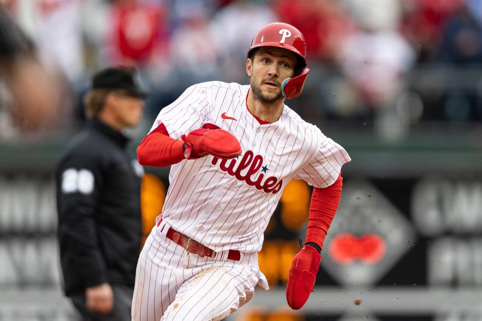 Philadelphia Phillies shortstop Trea Turner (7) runs the bases on his way to scoring a run during the fifth inning against the Cincinnati Reds at Citizens Bank Park on Friday, April 7, 2023, in Philadelphia.