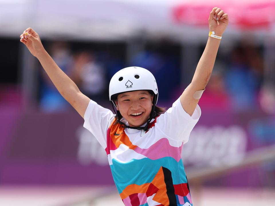 Momiji Nishiya of Team Japan celebrates during the Women's Street Final on day three of the Tokyo 2020 Olympic Games at Ariake Urban Sports Park on July 26, 2021 in Tokyo, Japan.