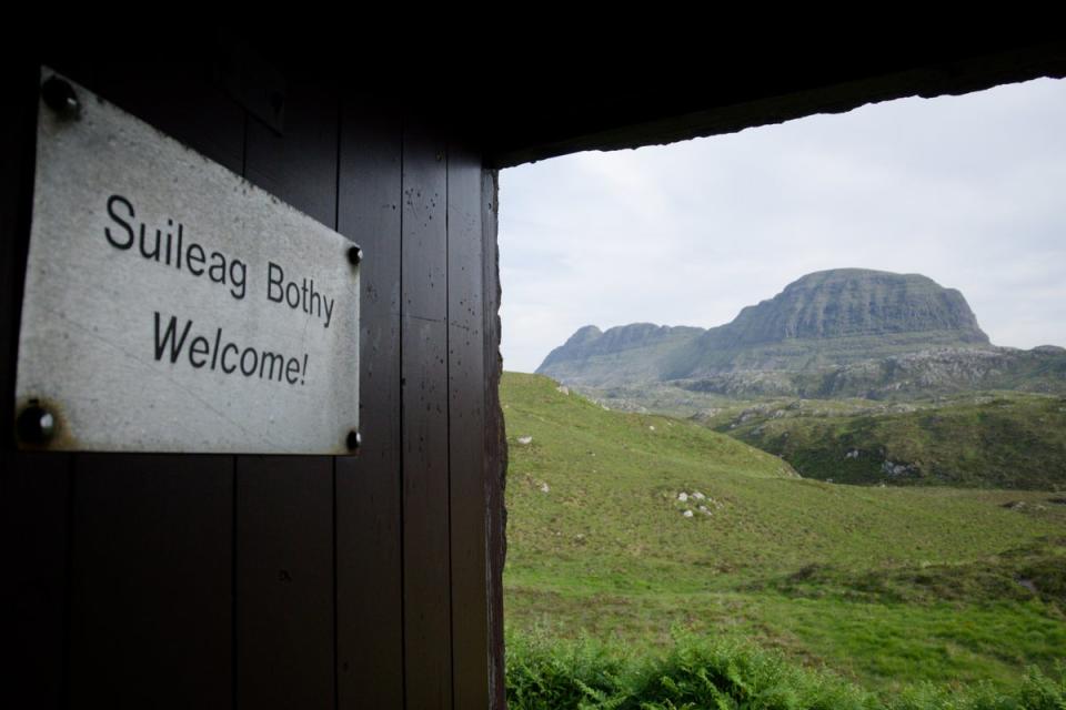 The view from the doorway of Suileag, facing out to Suilven, demonstrates the remote surroundings of many bothies (Sian Lewis)