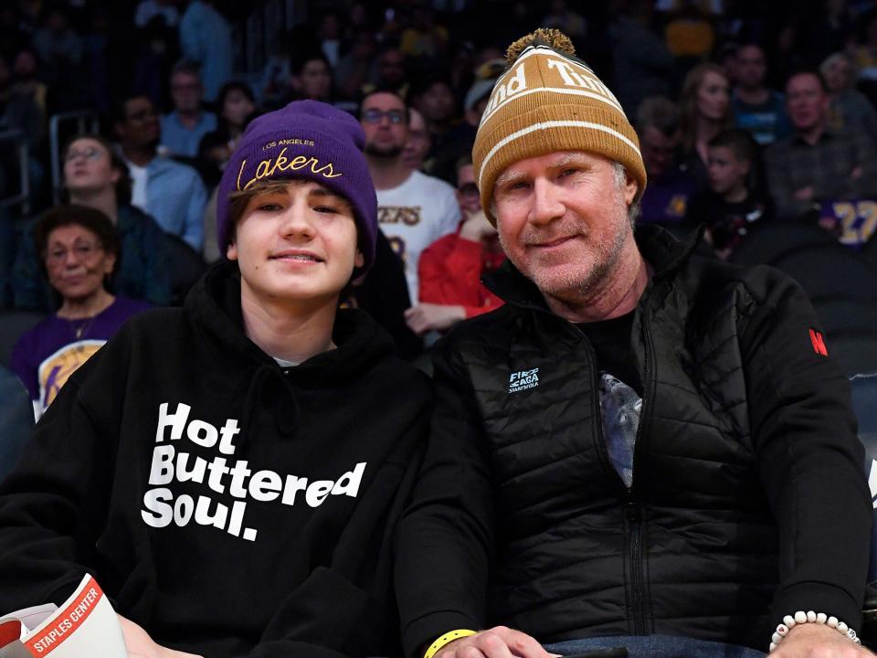 Mattias Ferrell and Will Ferrell attend the Los Angeles Lakers and Memphis Grizzlies basketball game at Staples Center on February 21, 2020 in Los Angeles, California