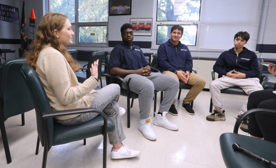 Rachel Patrick, 18, of River View, left, Emmanuel LaCrete, 18, of Suffern, Alex Hahn, 17, of Clarkstown South, and Cristopher Jimenez Gonzalez, 16, of Spring Valley talk about voting at Rockland BOCES in West Nyack Oct. 24, 2023.