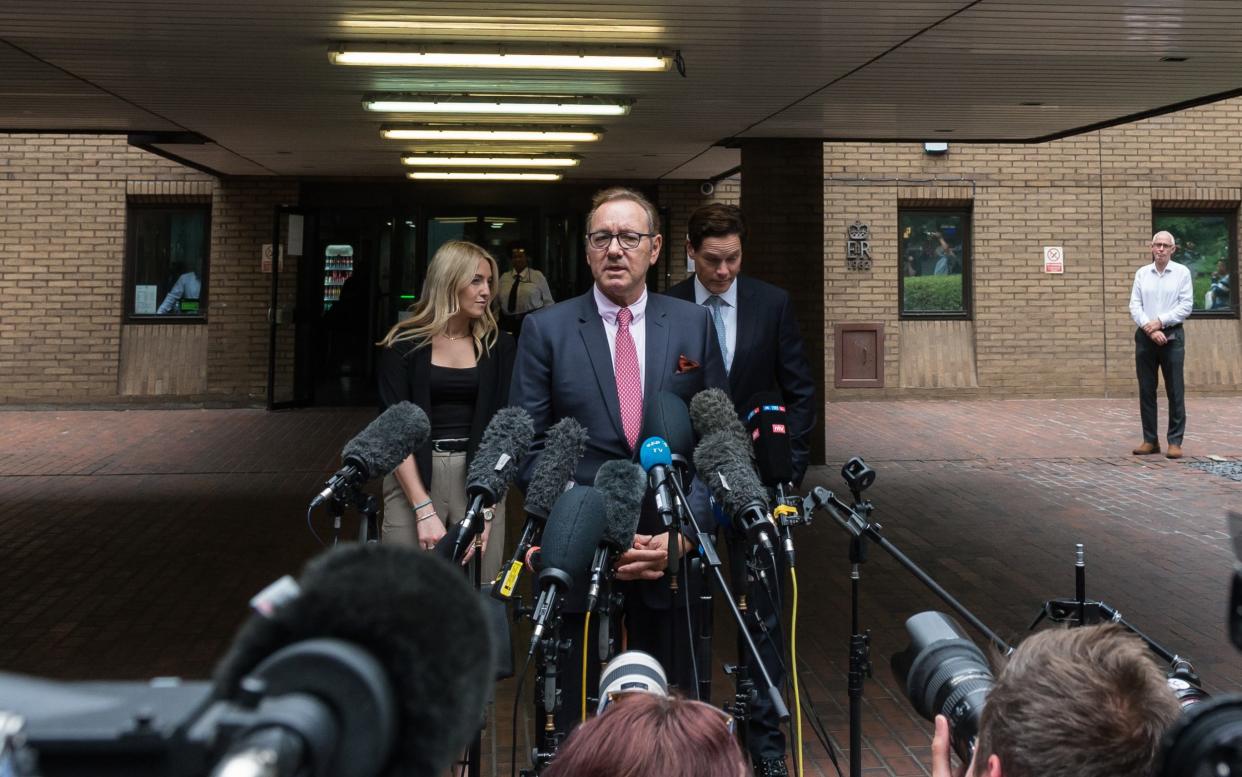 Kevin Spacey addresses the media outside Southwark Crown Court after being cleared last year