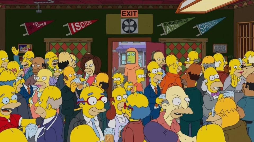Professor Frink in a hazmat suit next to Lisa and Bart in the doorway of a packed Moe's where everyone looks like other Simpsons characters on The Simpsons: Treehouse of Horror XXXIV