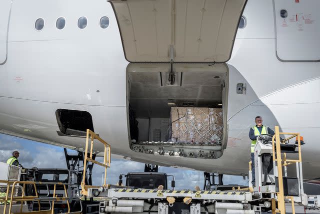 <p>getty</p> plane cargo door -- stock image
