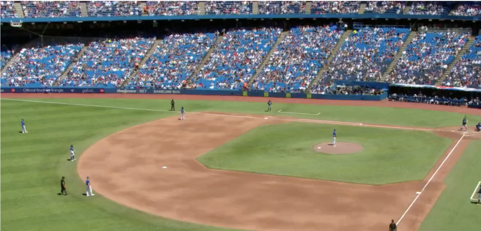 One common infield shift, deployed here by the Toronto Blue Jays, vastly reduces the amount of fielding savvy required of second basemen. MLB rules will ban this formation starting in 2023. (Image via MLB.com)