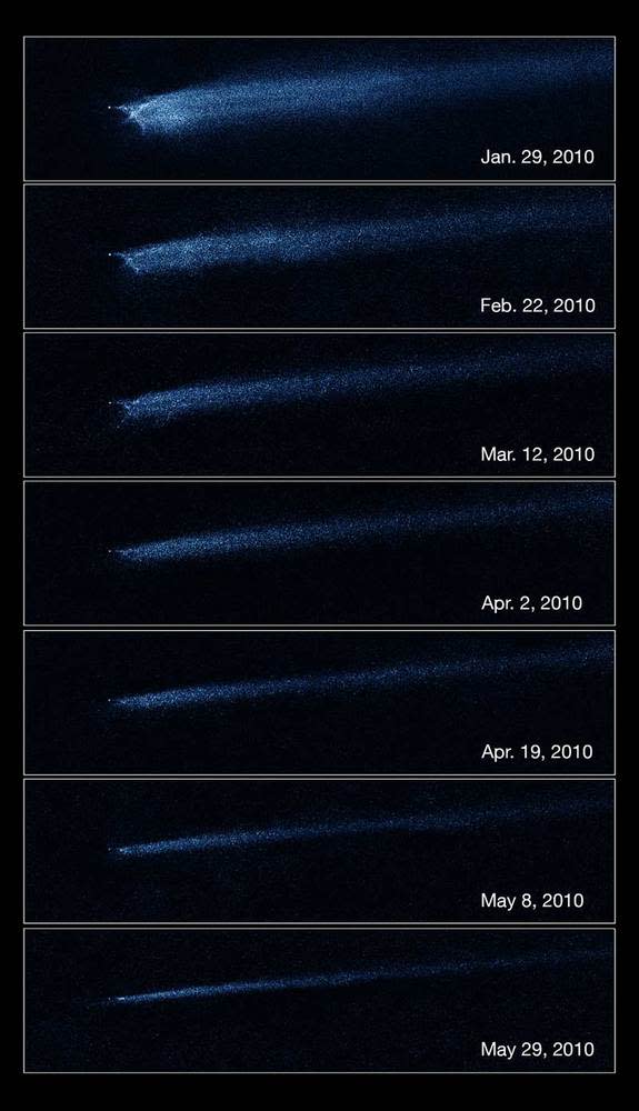 The Hubble Space Telscope captures aftermath of asteroid collision in this series of photos taken between January and May 2010. The images show the object P/2010 A2, an X-shaped objected created by two colliding asteroids.