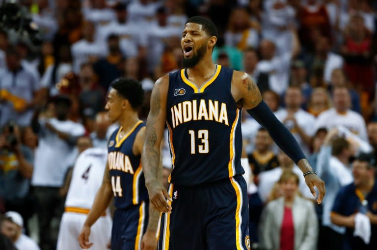 Paul George of the Indiana Pacers reacts to a late foul call while playing the Cleveland Cavaliers in Game Two of the Eastern Conference quarter-finals during the 2017 NBA Playoffs, at Quicken Loans Arena in Cleveland, on April 17