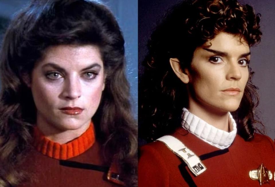 Kirstie Alley and Robin Curtis as Lt. Saavik in the Star Trek feature films, for Picard Easter eggs piece.
