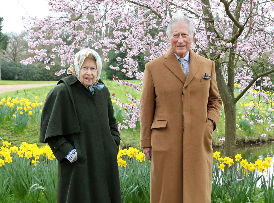 WINDSOR, ENGLAND - MARCH 23: (EDITORIAL USE ONLY) In this image released on April 2, 2021, Queen Elizabeth II and Prince Charles, Prince of Wales pose for a portrait in the garden of Frogmore House, on March 23, 2021 in Windsor, England. (Photo by Chris Jackson/Getty Images)
