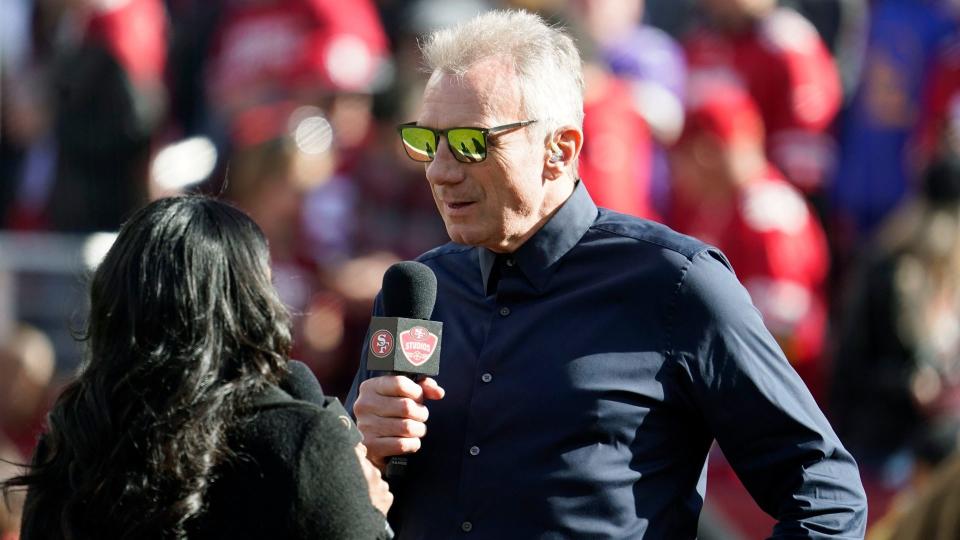 Mandatory Credit: Photo by Tony Avelar/AP/Shutterstock (10523359bm)Former San Francisco 49ers quarterback Joe Montana is interviewed before an NFL divisional playoff football game between the San Francisco 49ers and the Minnesota Vikings, in Santa Clara, CalifVikings 49ers Football, Santa Clara, USA - 11 Jan 2020.