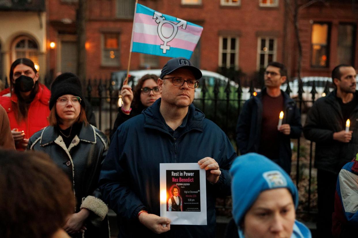 <span>People attend a vigil in New York City on 26 February after the death of Nex Benedict.</span><span>Photograph: Sarah Yenesel/EPA</span>