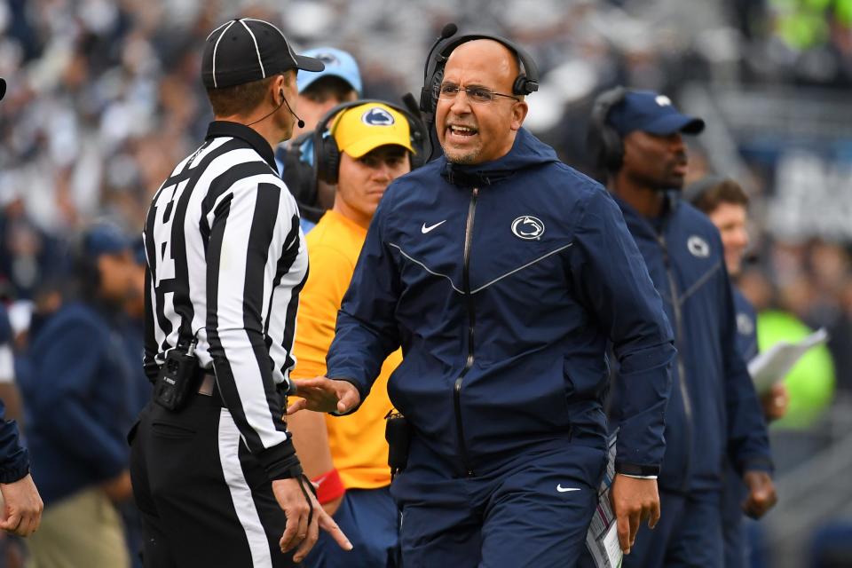 Penn State coach James Franklin reacts to a call during the Nittany Lions' game against Illinois at Beaver Stadium in University Park, Pennsylvania on Saturday, Oct. 24. (Rich Barnes, USA TODAY Sports)