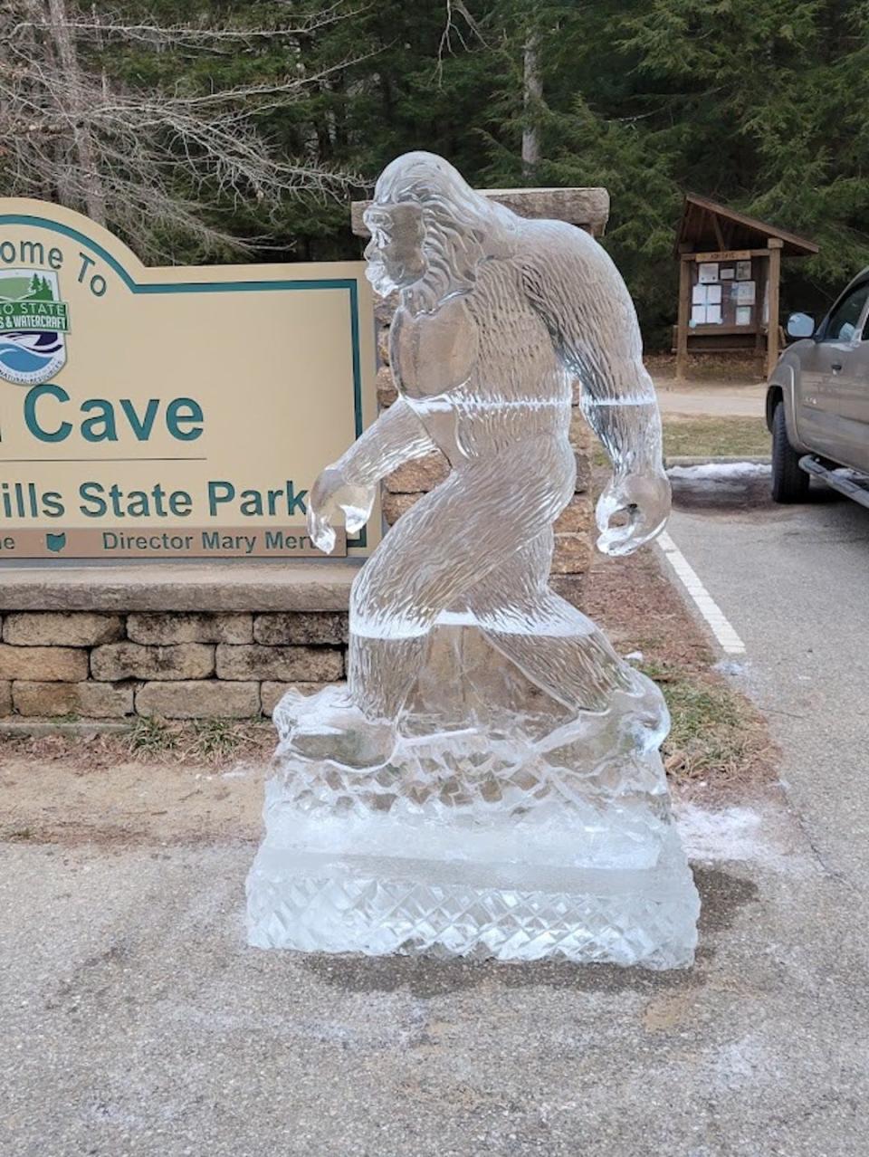 An ice sculpture at Hocking Hills State Park encourages winter hikers to visit the Frozen Festival in nearby Logan.