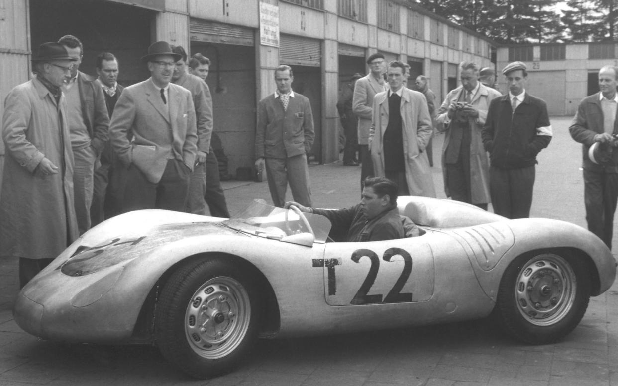 Linge at the wheel of the Porsche 718 RSK Spyder during test runs at the Nürburgring in 1957