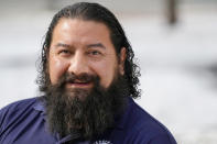 United Auto Workers union member Leo Carrillo, poses for a photograph, Tuesday, Jan. 23, 2024, in Washington. Carrillo, a member from Kansas City, said Biden’s appearance on the picket line showed that “he was there for us,” and helped him to decide to vote for Biden in November. (AP Photo/Jacquelyn Martin)