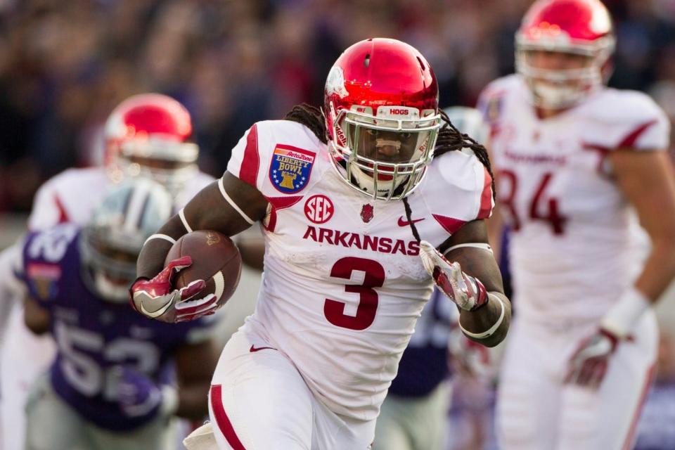 Arkansas Alex Collins rushed for 185 yards and three touchdowns to help lead the Razorbacks a 45-23 Liberty Bowl victory over Kansas State. Collins was named MVP.