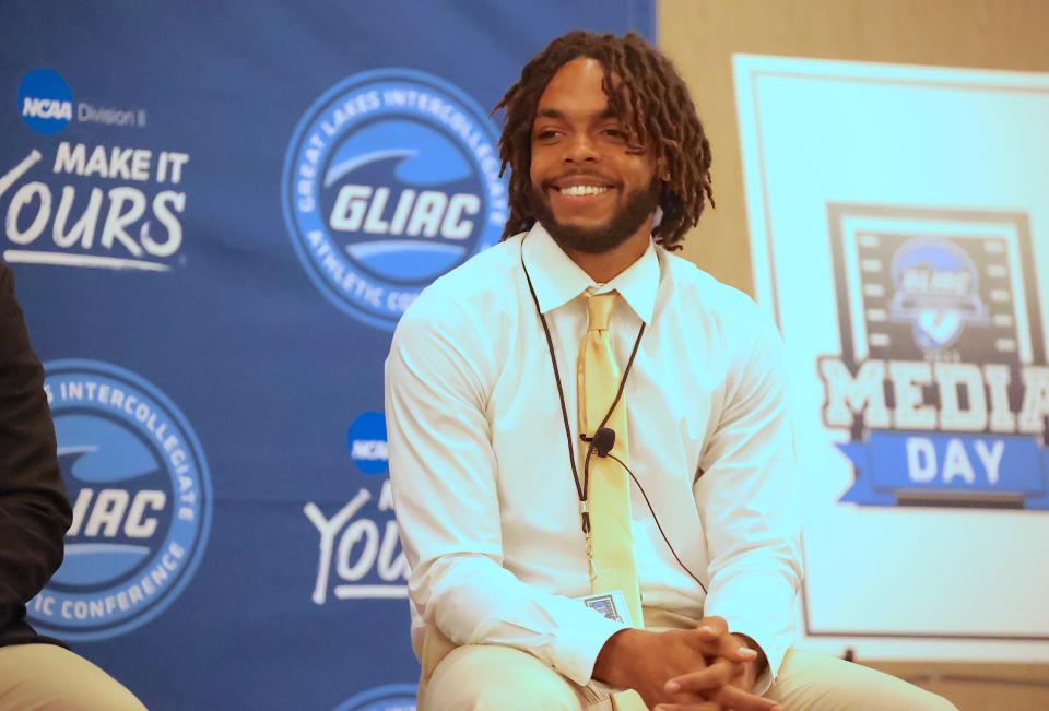 Ferris State University receiver Xavier Wade speaks during the GLIAC Media Day on Monday, July 31, 2023, in Grand Rapids.