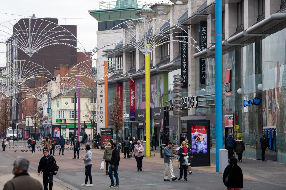 Shoppers on Humberstone Gate in the centre of Leicester, which has endured 150 days of extra lockdown, during the final week of a four week national lockdown to curb the spread of coronavirus.