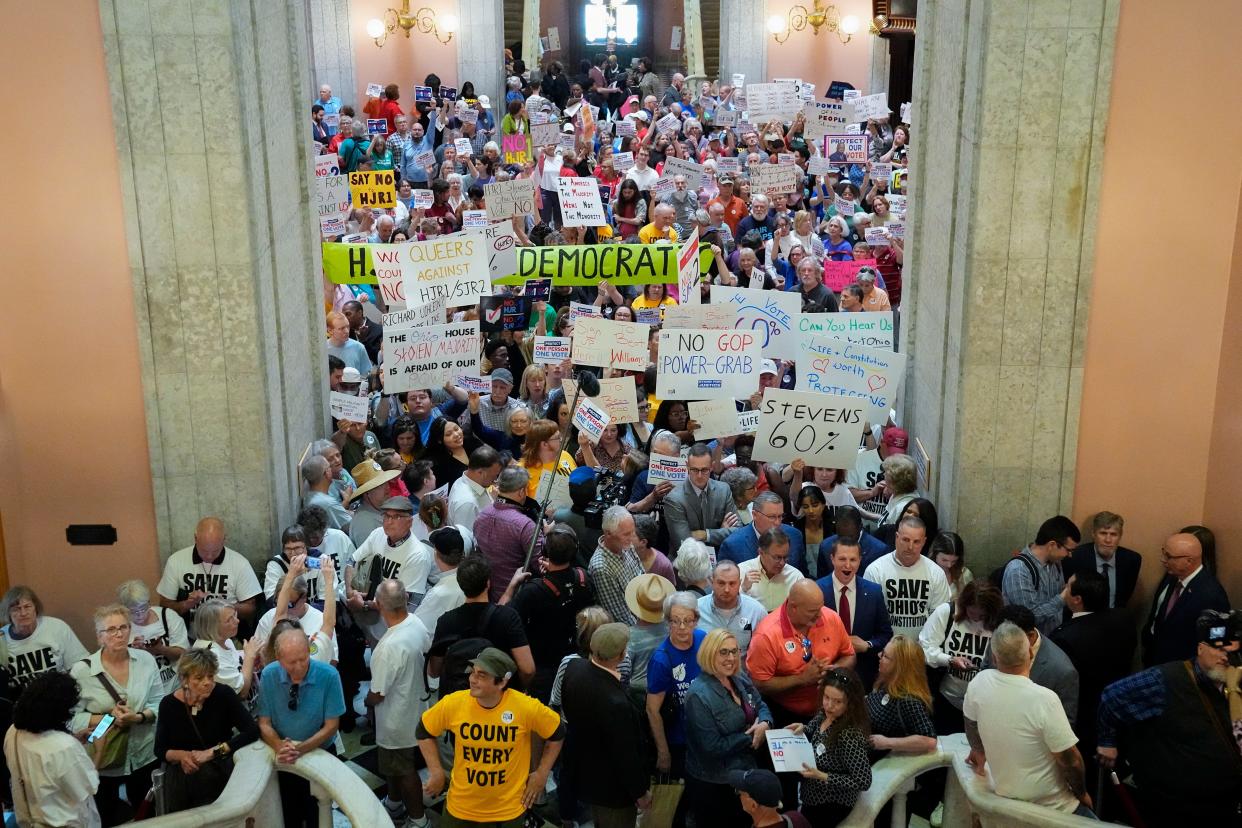 Protesters convene inside the Ohio Statehouse in May prior to the deadline for the Ohio House to decide whether to create an August special election for Issue 1.