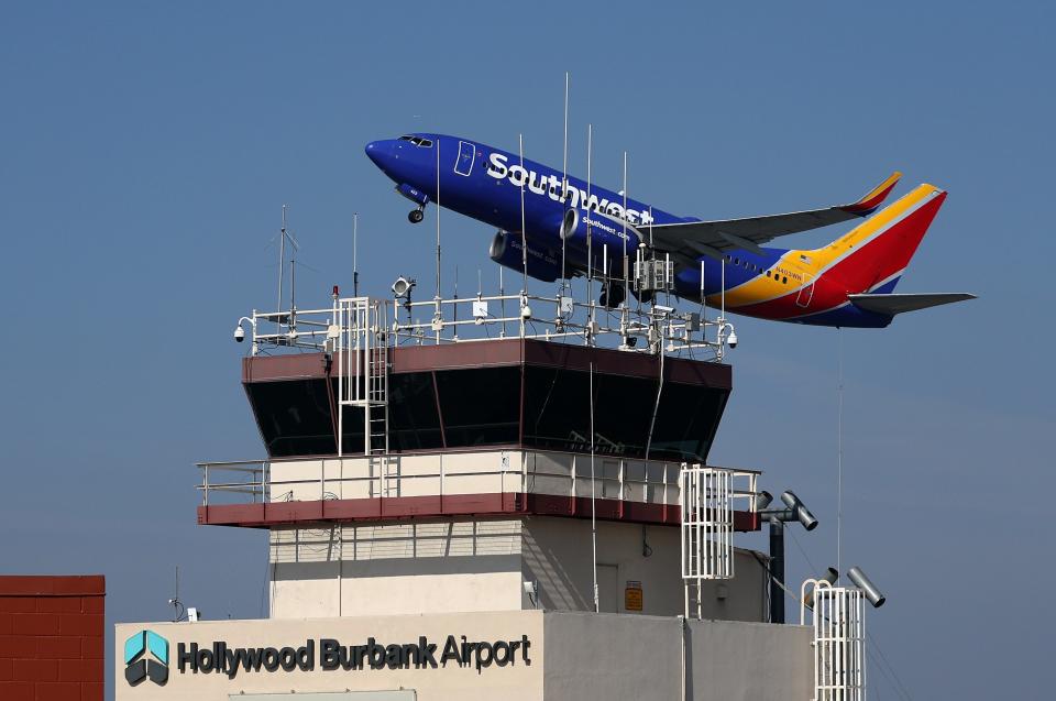 A Southwest Airlines take off past the control tower at Burbank Hollywood Airport on September 25, 2023 in Burbank, California.