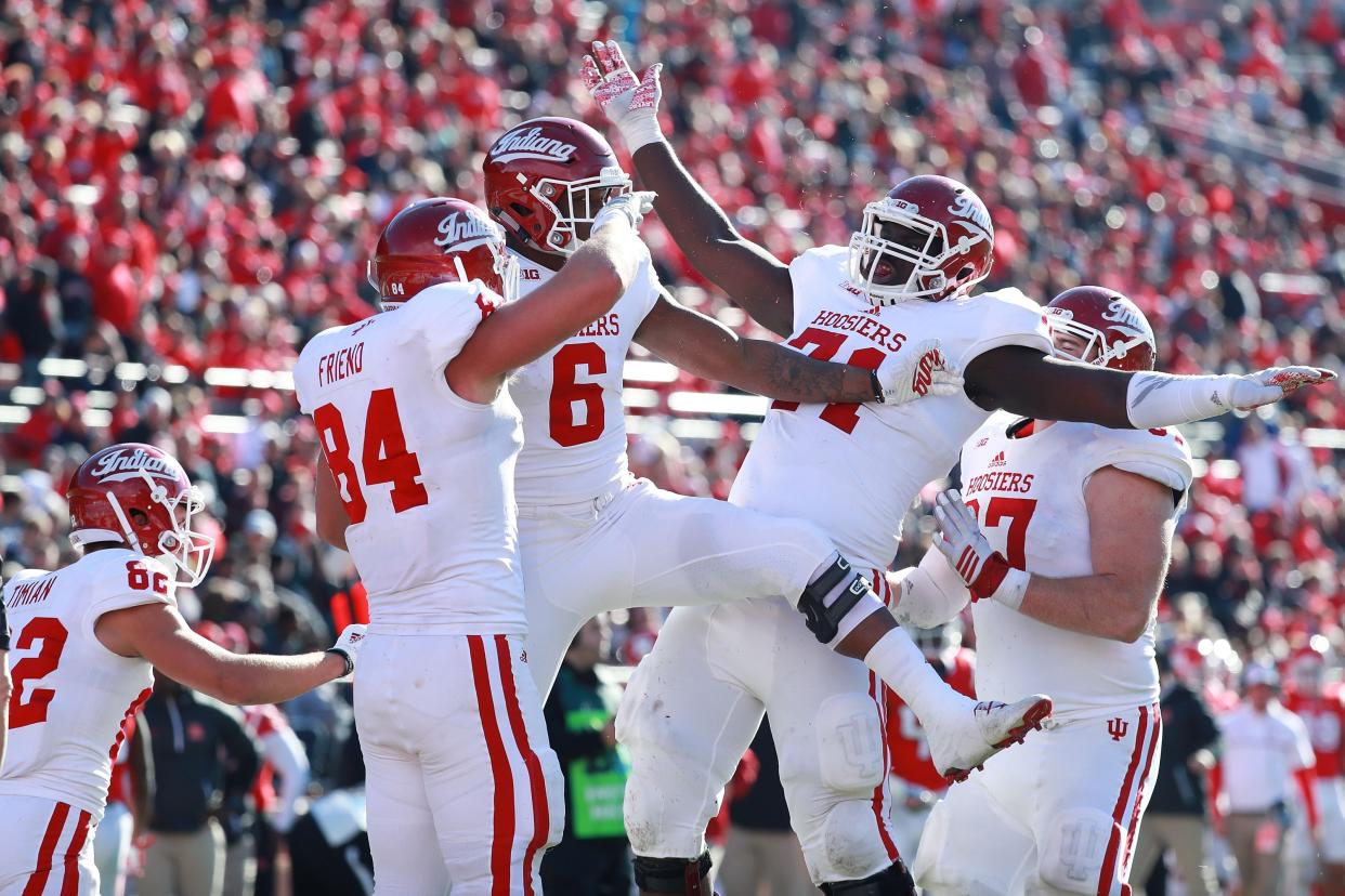 PISCATAWAY, NJ – NOVEMBER 05: Camion Patrick #6 of Indiana celebrates with teammates after scoring a touchdown against Rutgers on November 5, 2016. (Photo by Michael Reaves/Getty Images)