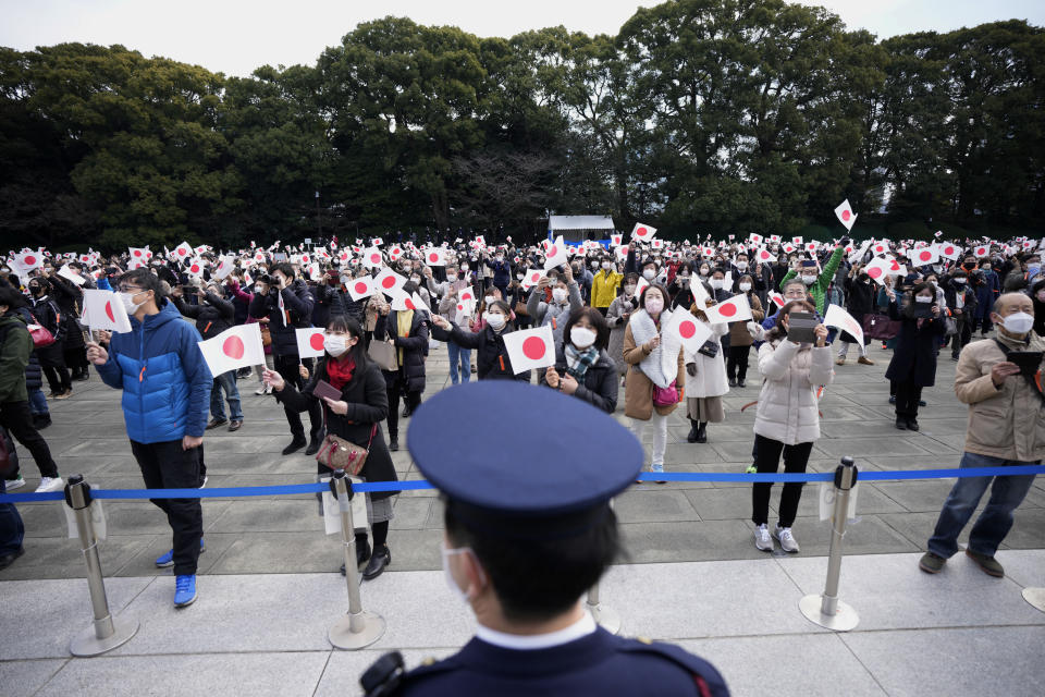 Well-wishers cheer Japan's Emperor Naruhito during his 63rd birthday celebration at the Imperial Palace in Tokyo Thursday, Feb. 23, 2023, in Tokyo. (AP Photo/Eugene Hoshiko, Pool)