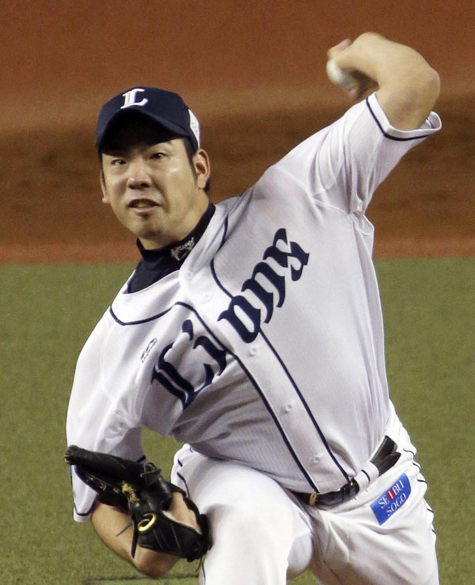 In this Sept. 28, 2018, photo, Japan's Seibu Lions Yusei Kikuchi pitches during a match in Tokorozawa, northwest of Tokyo. The Seattle Mariners have signed Kikuchi to a four-year deal on Wednesday, Jan. 2, 2019 after word first surfaced of an agreement late on New Year’s Eve. Kikuchi was one of the few starter options remaining on the market and will be joining a team with a long history of success with Japanese players. (Takahiko Kanbara/Kyodo News via AP)