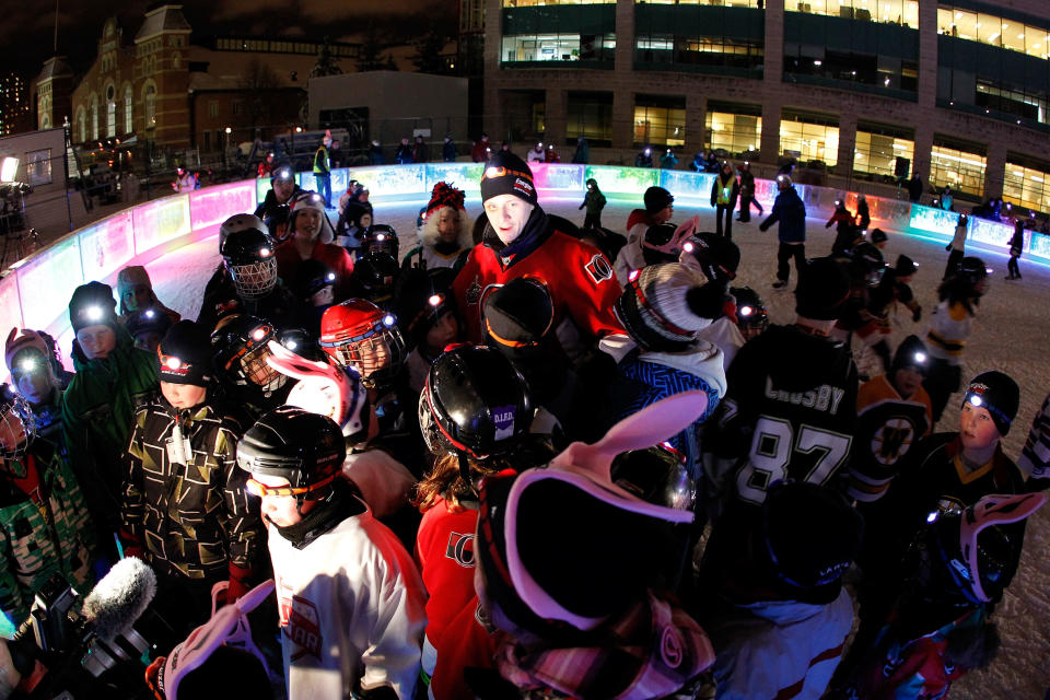 OTTAWA, ON - JANUARY 27: Jason Spezza of the Ottawa Senators participates in the 2012 NHL All-Star Game Energizer Night Skate at The Rink of Dreams at Marion Dewer Plaza on January 27, 2012 in Ottawa, Canada. (Photo by Gregory Shamus/Getty Images)