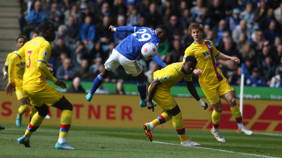 LEICESTER, ENGLAND - APRIL 10:  Leicester City's Patson Daka battles with Crystal Palace's Marc Guehi during the Premier League match between Leicester City and Crystal Palace at The King Power Stadium on April 10, 2022 in Leicester, United Kingdom. (Photo by Stephen White - CameraSport via Getty Images)