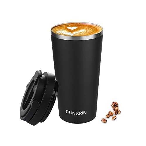 Funkrin Insulated Coffee Mug with Ceramic Coating, 16oz Iced Coffee Tumbler Cup with Flip Lid and Handle, Double Wall Vacuum Leak-Proof Thermos Mug for Travel Office School Party Camping (AMAZON)